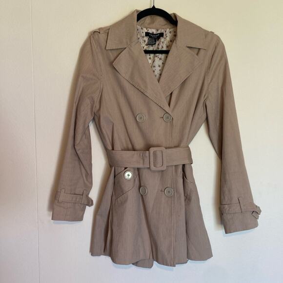 Sandro Tan Trench Coat Jacket Belted Double Breasted Striped Short - Picture 1 of 15